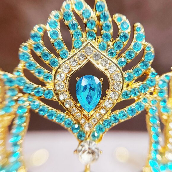 Gold Crystal Crown, Peacock Crown, Blue Crystal Tiara, Homecoming Prom Headpiece - Picture 5 of 8
